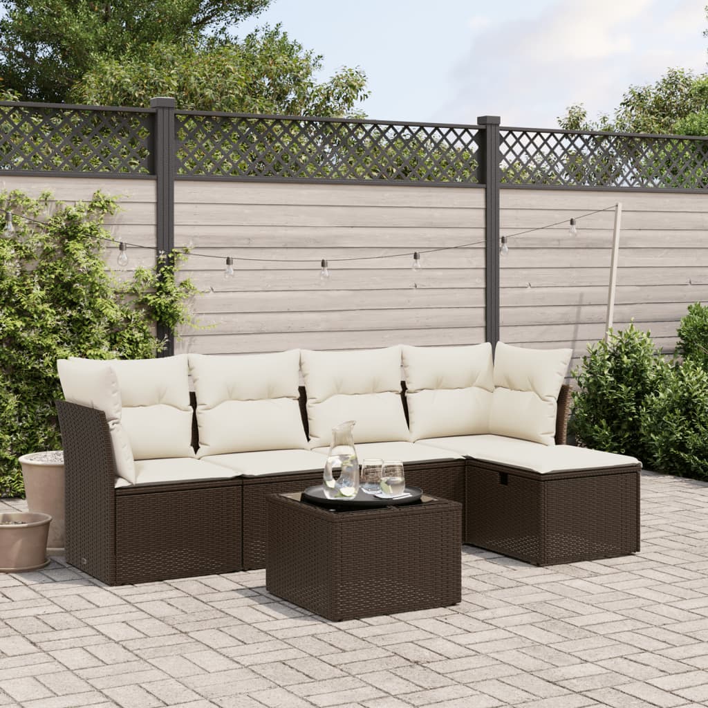 6-tlg. Garten-Sofagarnitur mit Kissen Braun Poly Rattan
