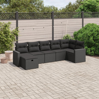 7-tlg. Garten-Sofagarnitur mit Kissen Schwarz Poly Rattan