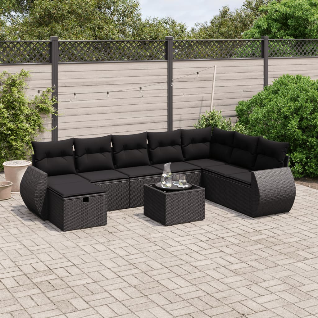 9-tlg. Garten-Sofagarnitur mit Kissen Schwarz Poly Rattan