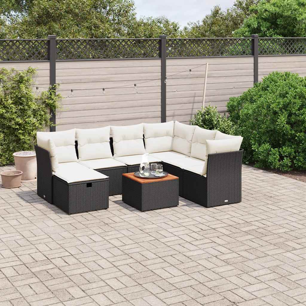 8-tlg. Garten-Sofagarnitur mit Kissen Schwarz Poly Rattan