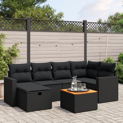 7-tlg. Garten-Sofagarnitur mit Kissen Schwarz Poly Rattan
