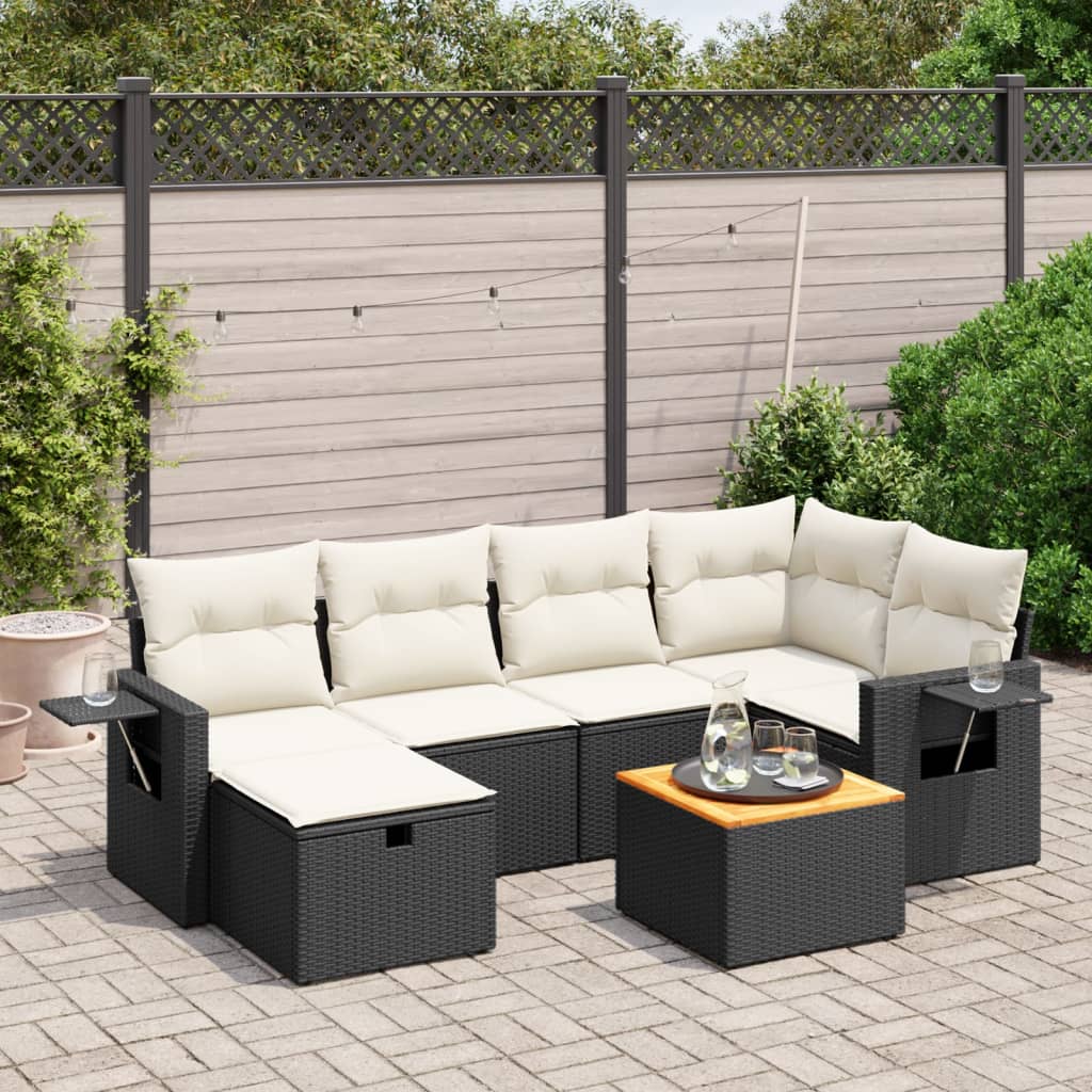 7-tlg. Garten-Sofagarnitur mit Kissen Schwarz Poly Rattan