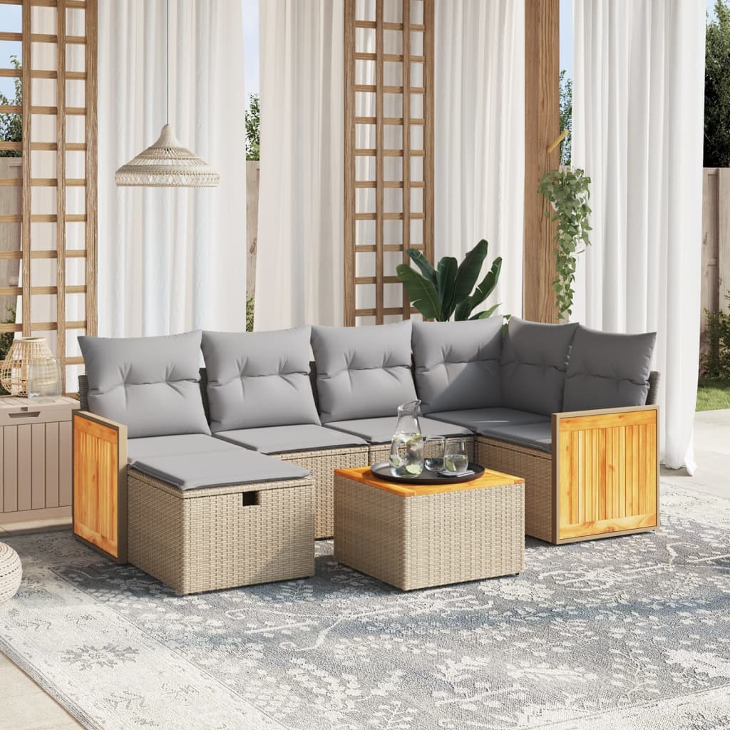7-tlg. Garten-Sofagarnitur mit Kissen Beige Poly Rattan