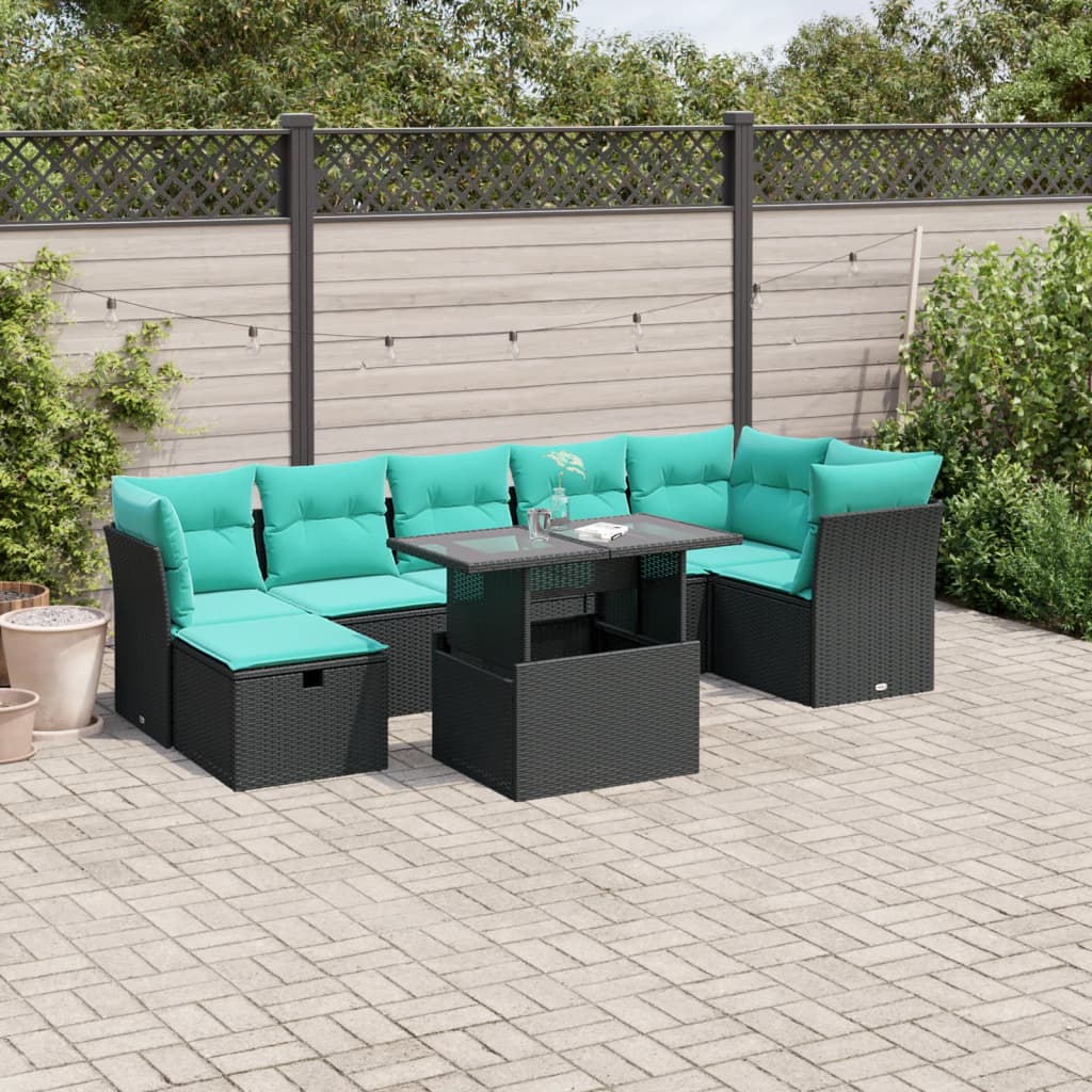 8-teiliges Gartensofa-Set mit Kissen, schwarzes Polyrattan