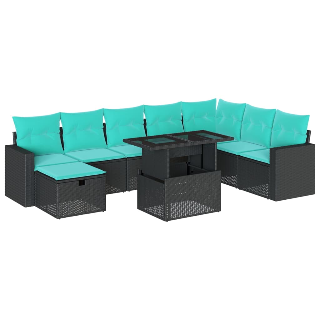 9-teiliges Gartensofa-Set mit Kissen, schwarzes Polyrattan