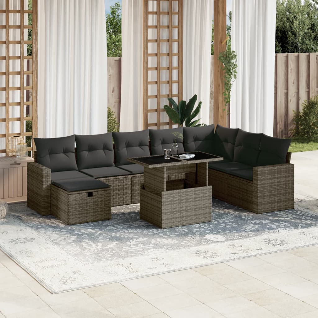 9-tlg. Garten-Sofagarnitur mit Kissen Grau Poly Rattan