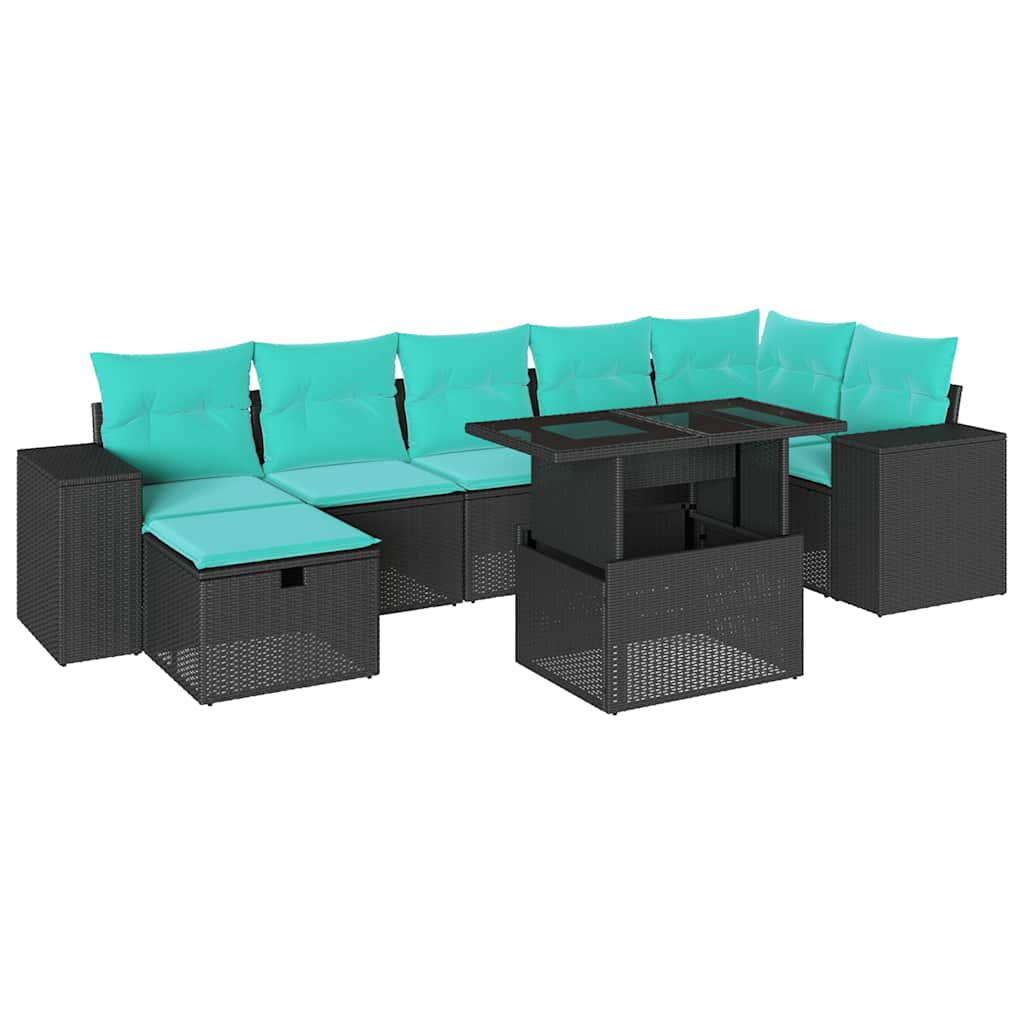 8-teiliges Gartensofa-Set mit Kissen, schwarzes Polyrattan