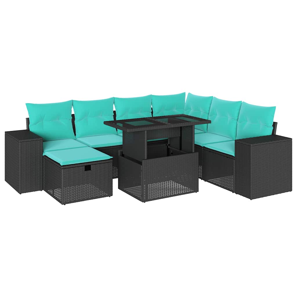 8-teiliges Gartensofa-Set mit Kissen, schwarzes Polyrattan