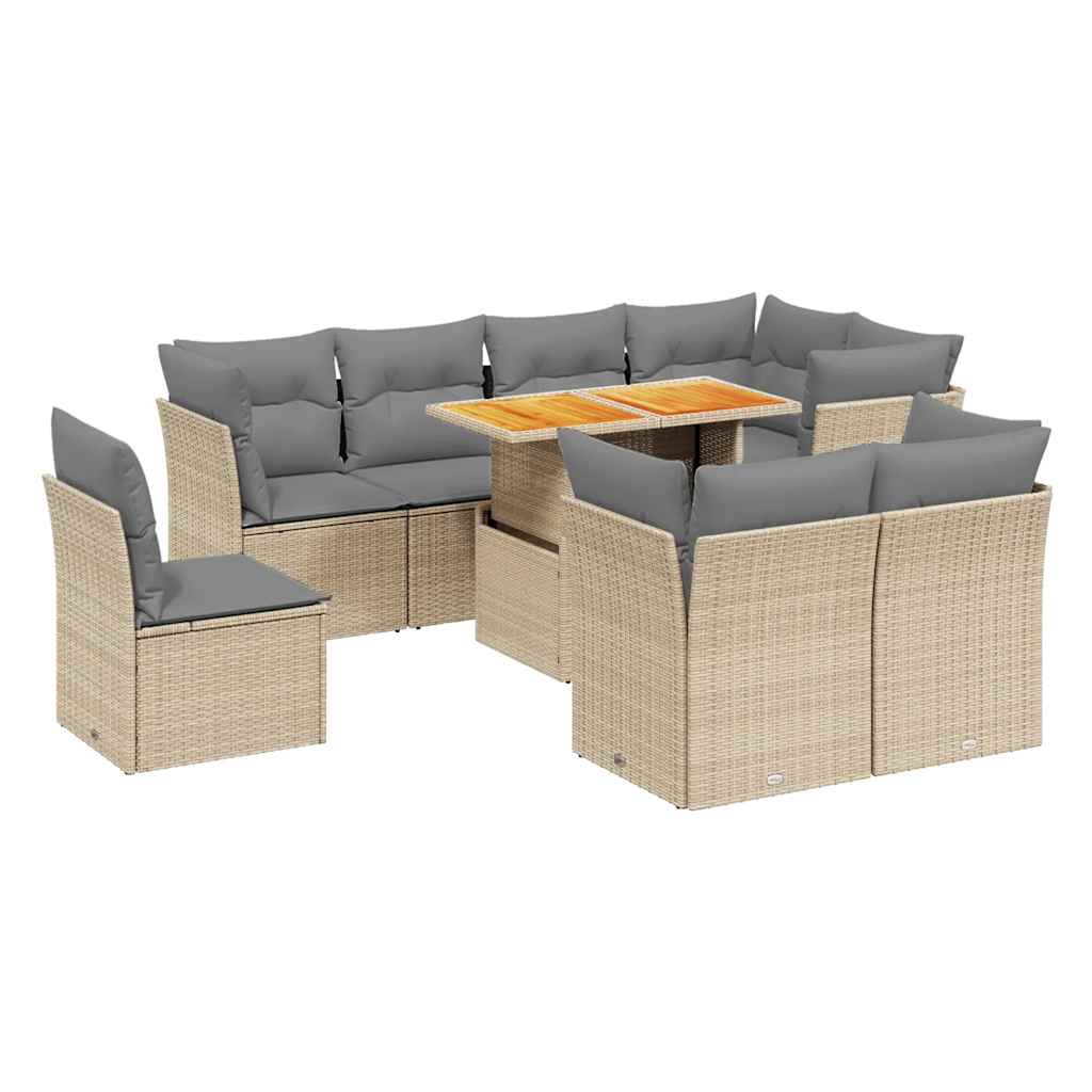 9-tlg. Garten-Sofagarnitur mit Kissen Beige Poly Rattan