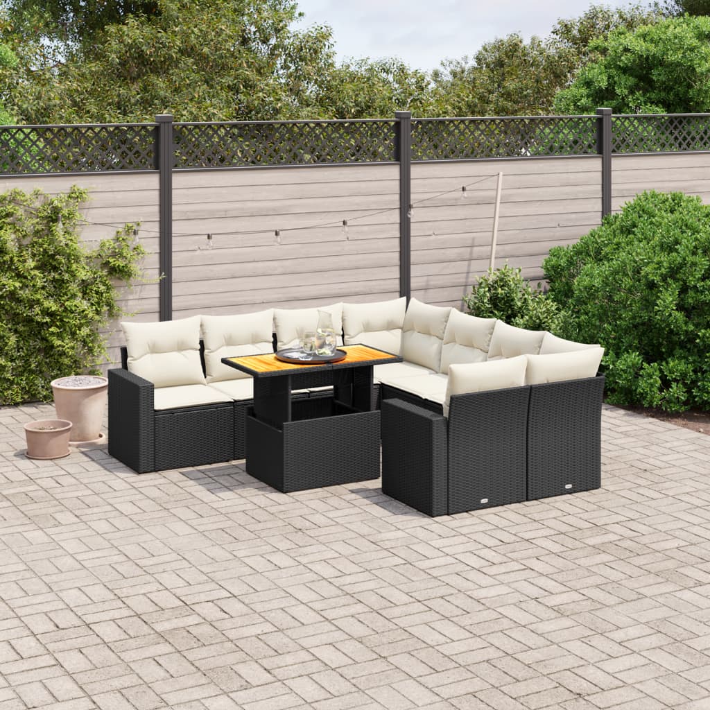 9-tlg. Garten-Sofagarnitur mit Kissen Schwarz Poly Rattan