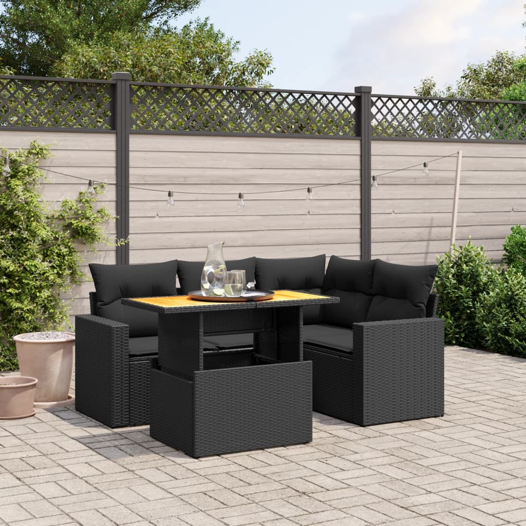 5-tlg. Garten-Sofagarnitur mit Kissen Schwarz Poly Rattan