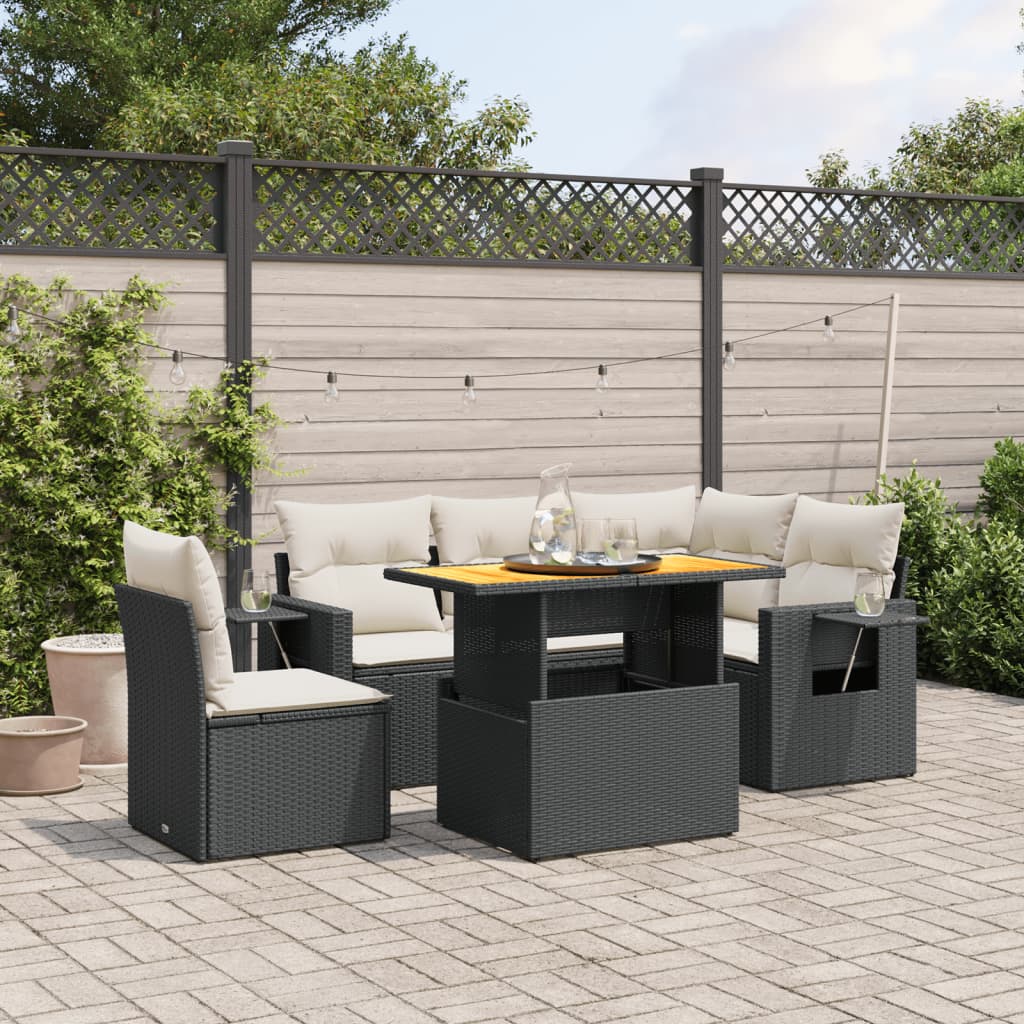 6-tlg. Garten-Sofagarnitur mit Kissen Schwarz Poly Rattan