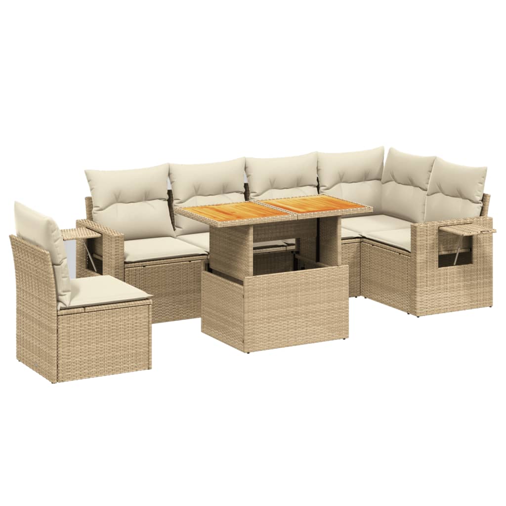 7-tlg. Garten-Sofagarnitur mit Kissen Beige Poly Rattan