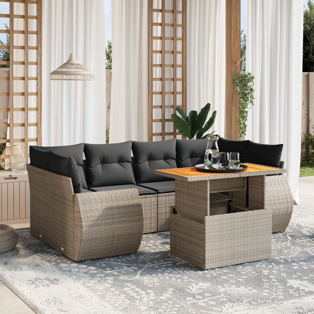 7-tlg. Garten-Sofagarnitur mit Kissen Grau Poly Rattan