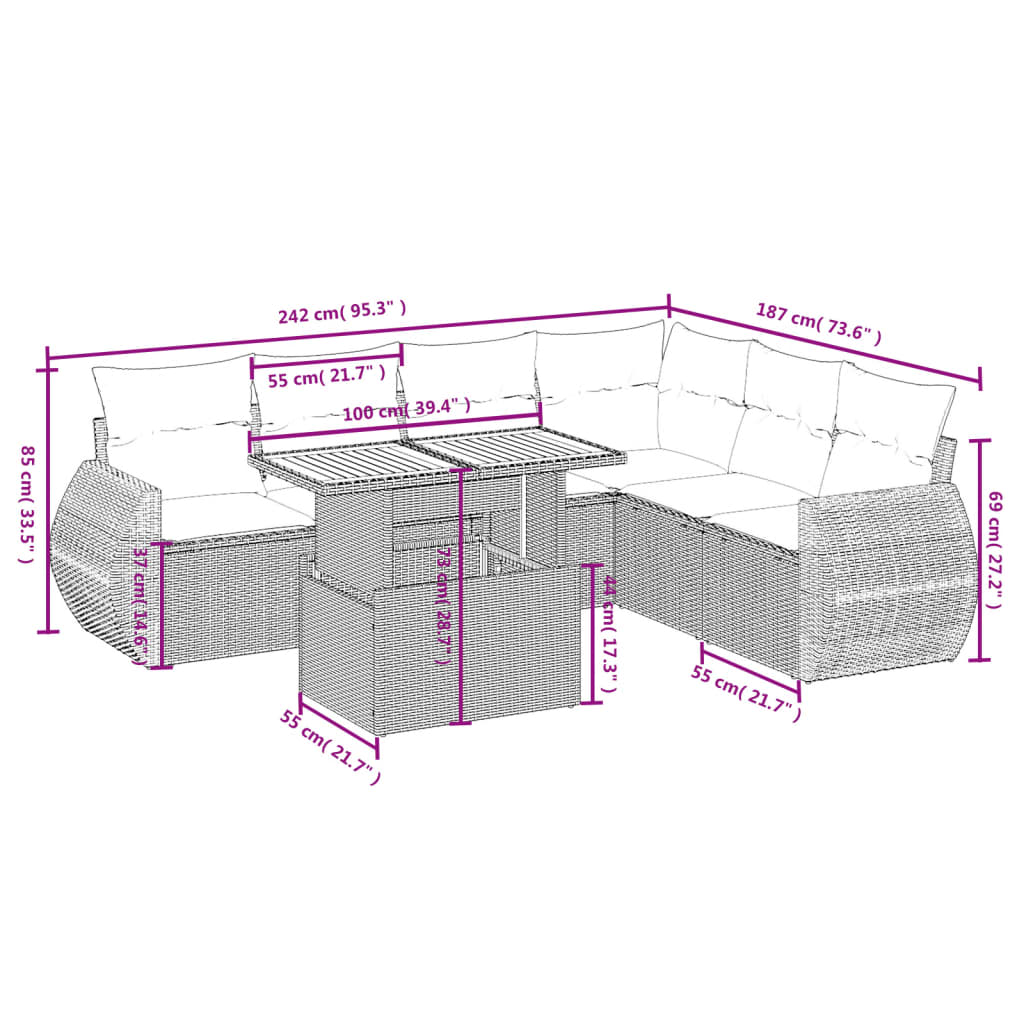 7-tlg. Garten-Sofagarnitur mit Kissen Schwarz Poly Rattan