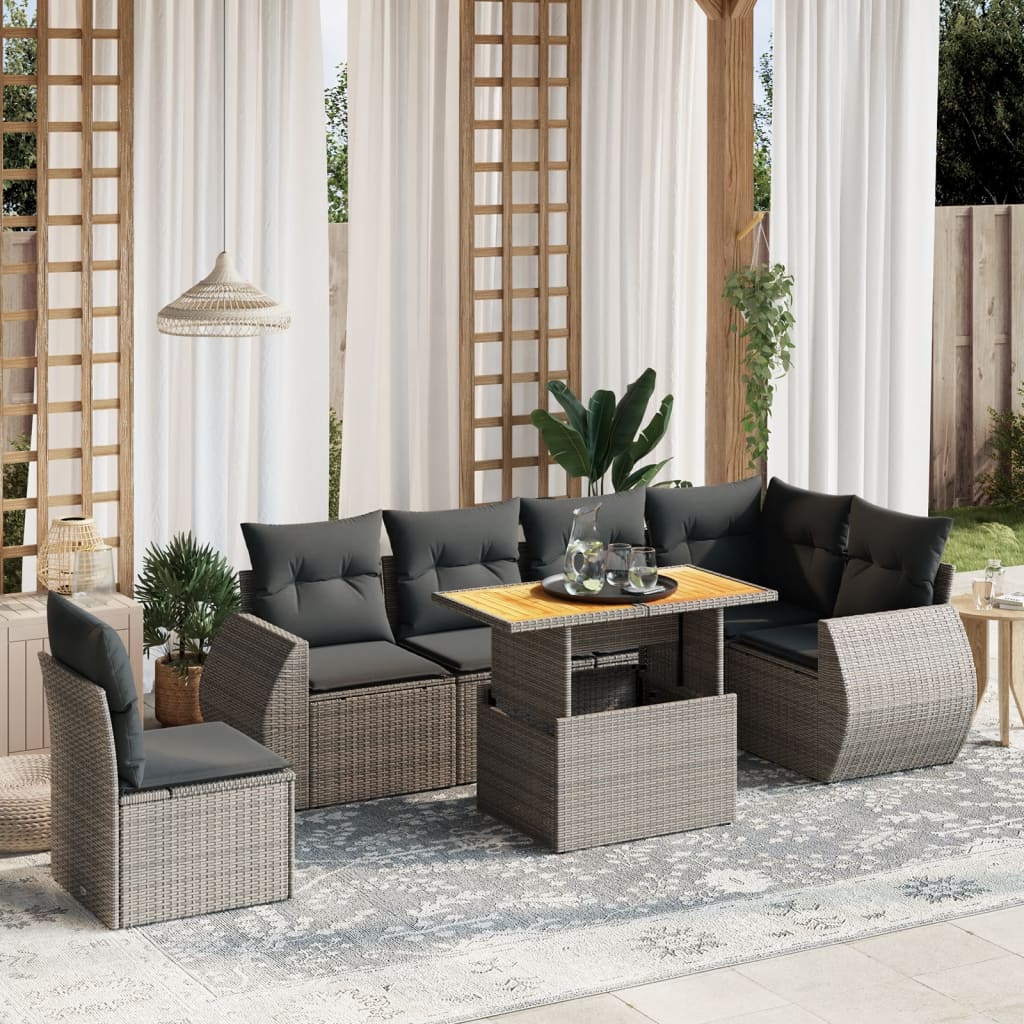 7-tlg. Garten-Sofagarnitur mit Kissen Grau Poly Rattan