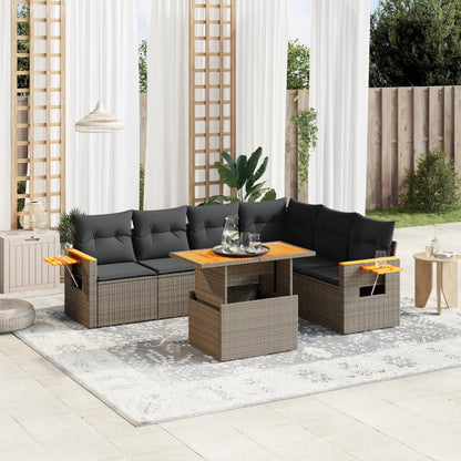 7-tlg. Garten-Sofagarnitur mit Kissen Grau Poly Rattan