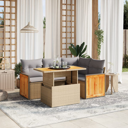 5-tlg. Garten-Sofagarnitur mit Kissen Beige Poly Rattan