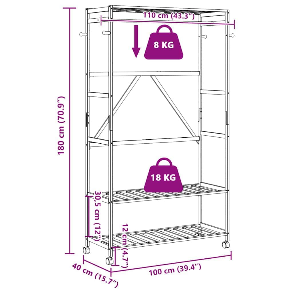 Kleiderständer mit Ablagen und Rollen 110x40x180 cm Bambus