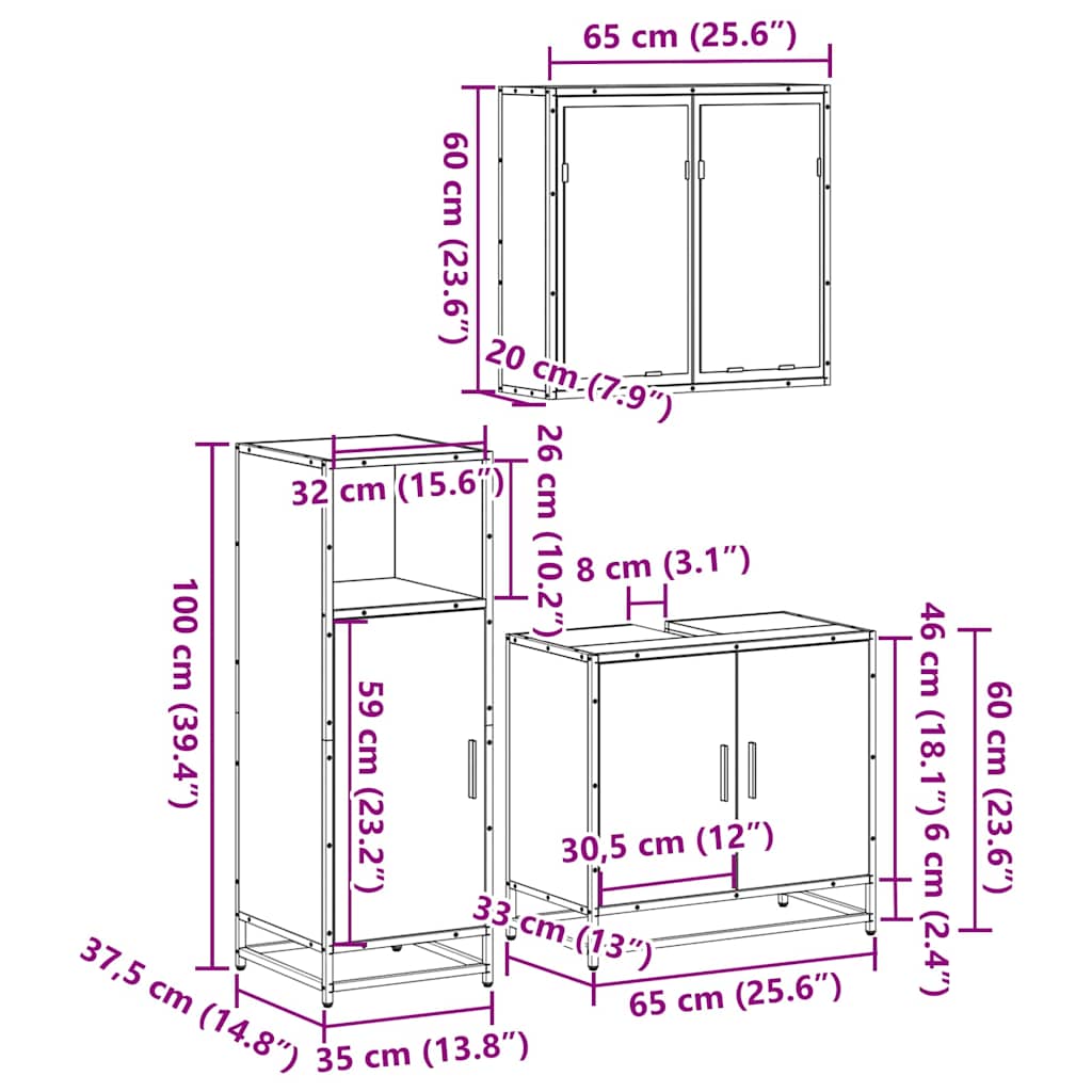 3-tlg. Badmöbel-Set Grau Sonoma Holzwerkstoff
