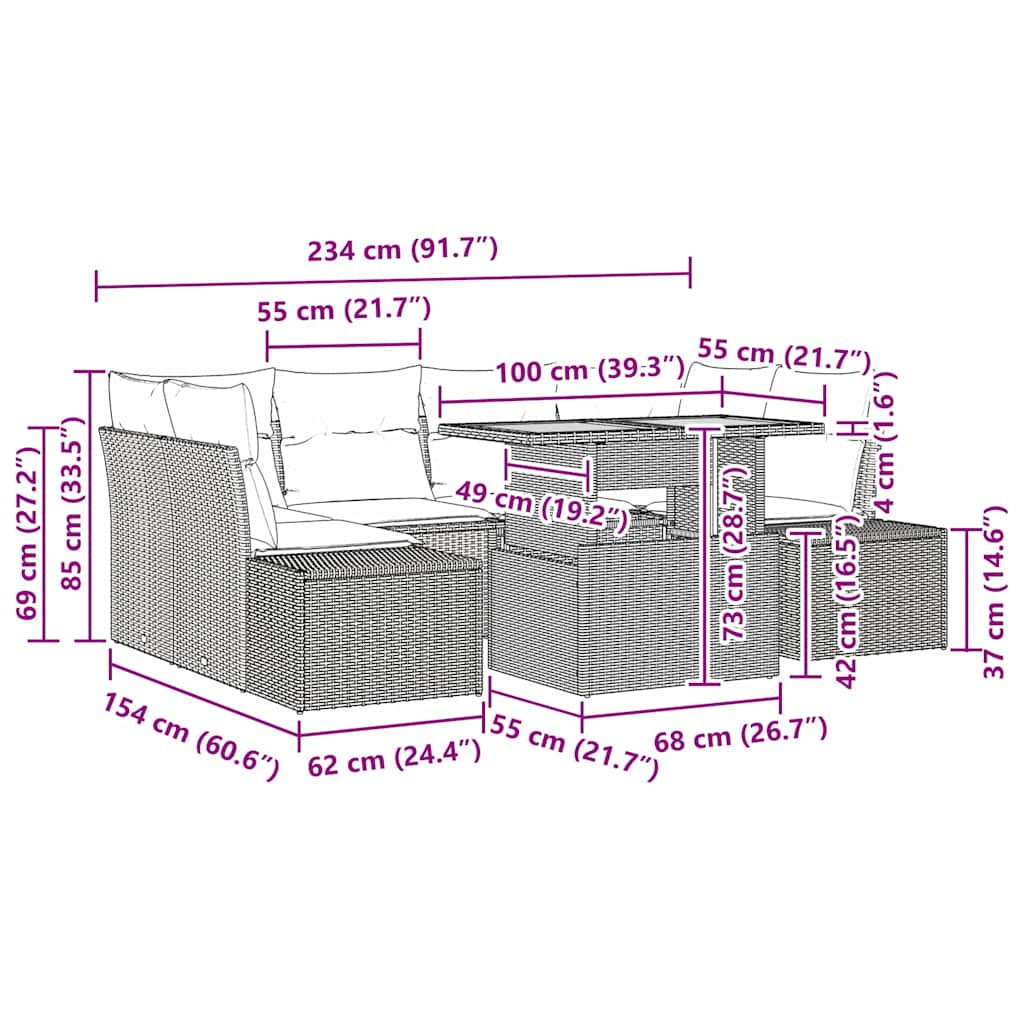Garten Essgruppe mit Kissen 7 pcs Schwarz und Braun