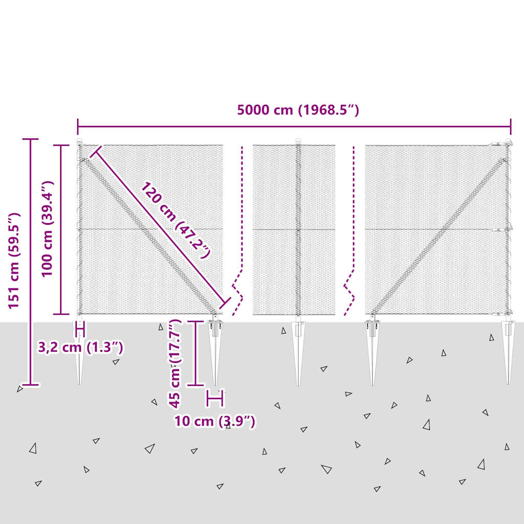 Zaunpfosten Grau 50 x 1 m (13 mm Maschendraht) Stahl und PVC