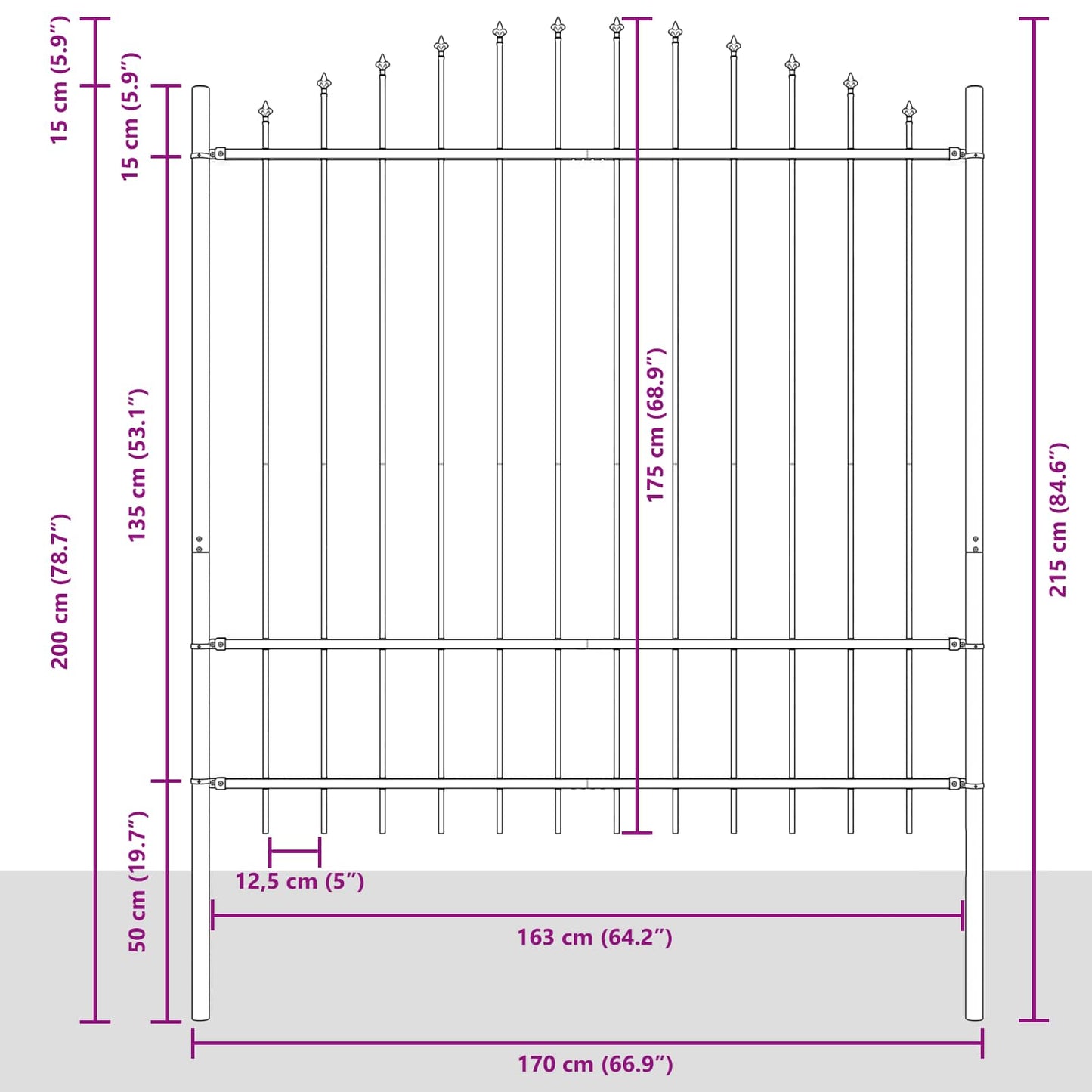 Gartenzaun Grau 170 x 215 cm Pulverbeschichteter Stahl