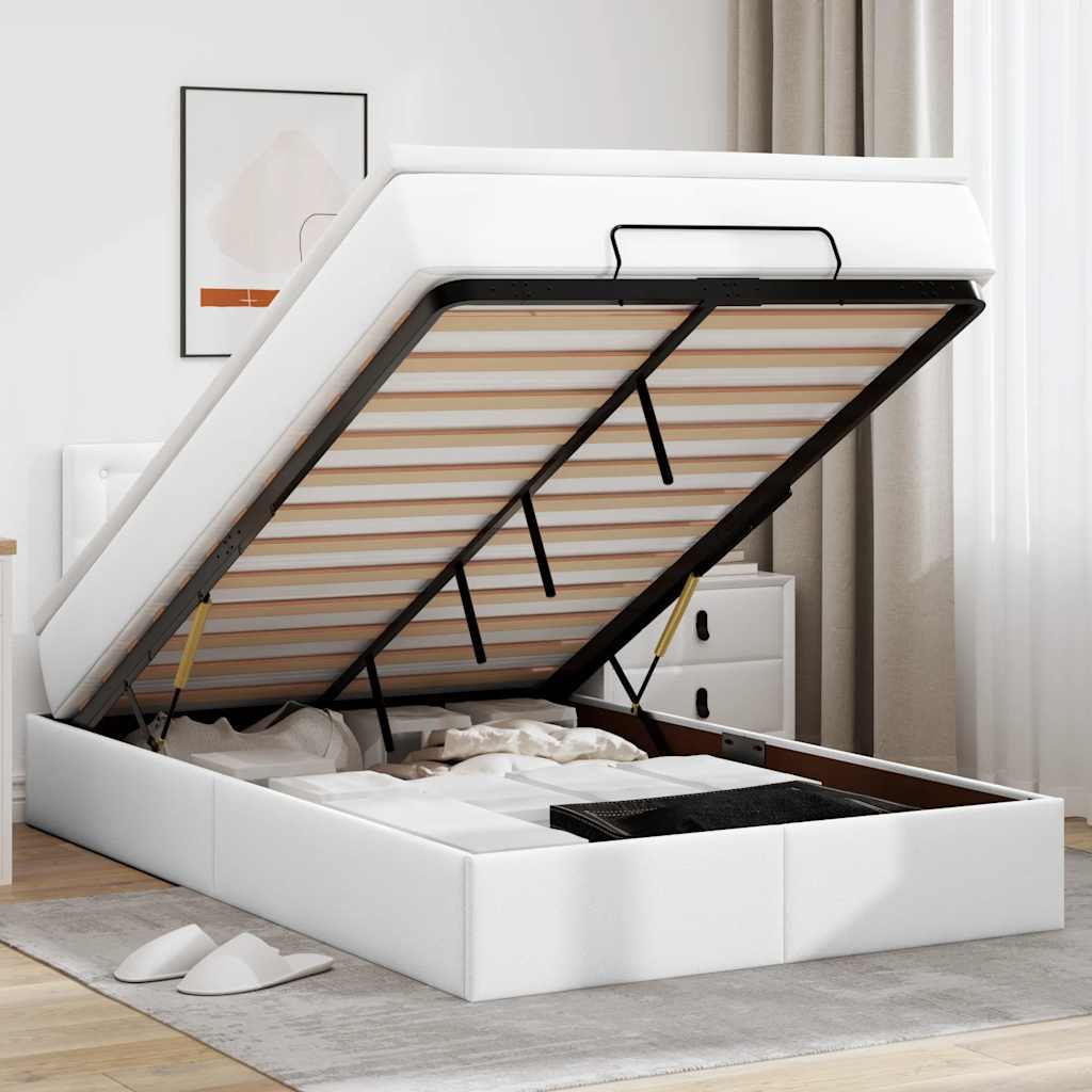 Ottoman-Bett mit Matratzen & LEDs Reinweiß 120x190cm Kunstleder