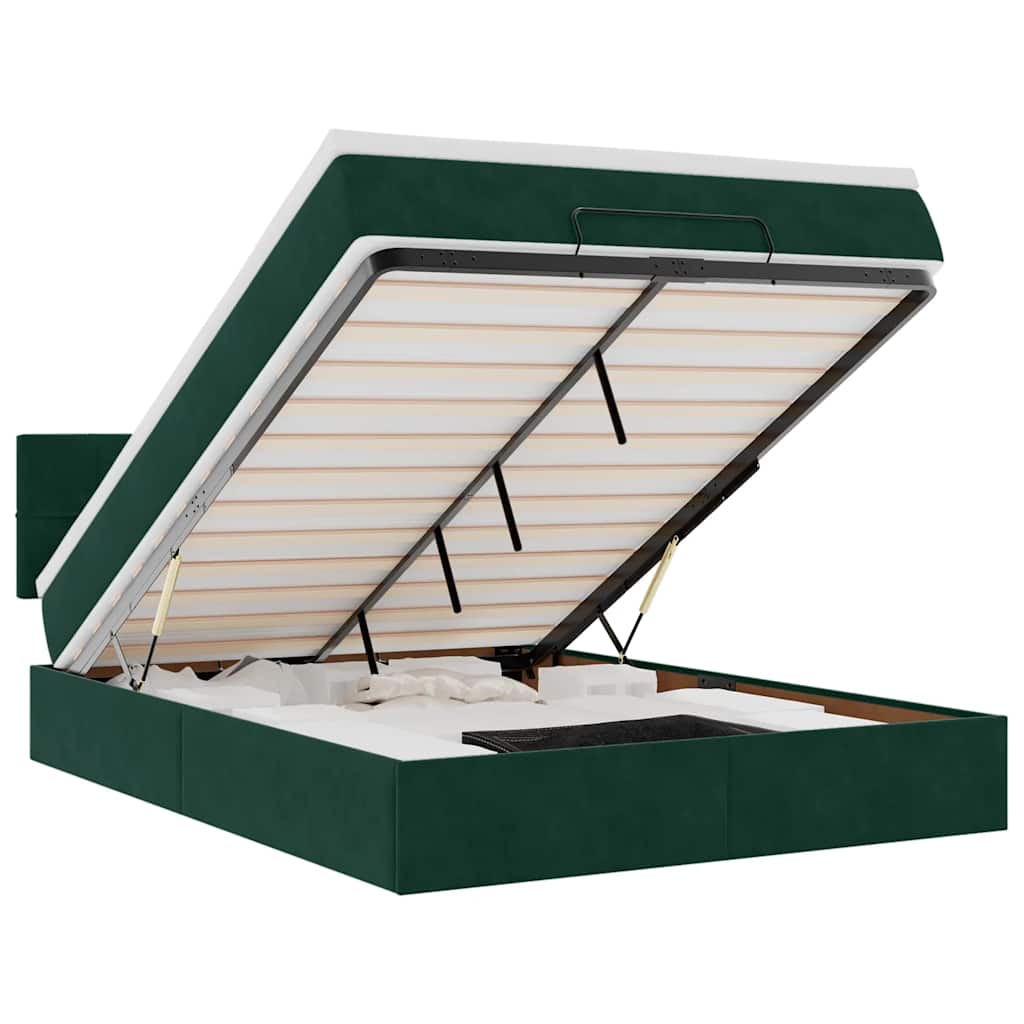 Ottoman-Bett mit Matratze & LEDs Dunkelgrün 140x200 cm Samt