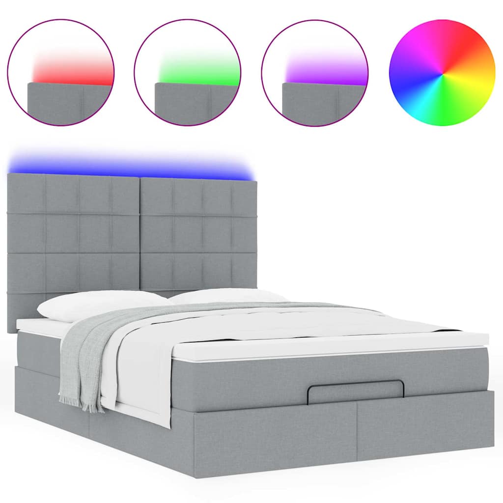 Ottoman-Bett mit Matratze & LEDs Hellgrau 140x200 cm Stoff