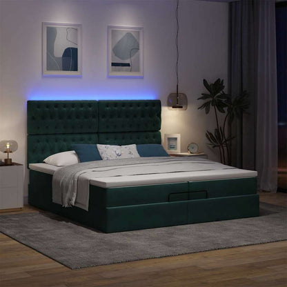 Ottoman-Bett mit Matratzen & LEDs Dunkelgrün 200x200 cm Samt