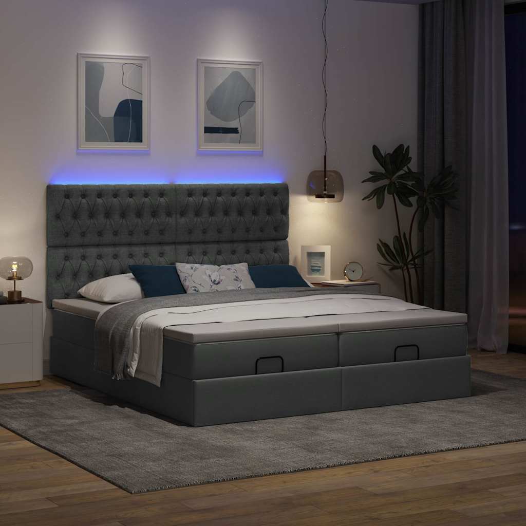 Ottoman-Bett mit Matratzen & LEDs Dunkelgrau 200x200 cm Stoff