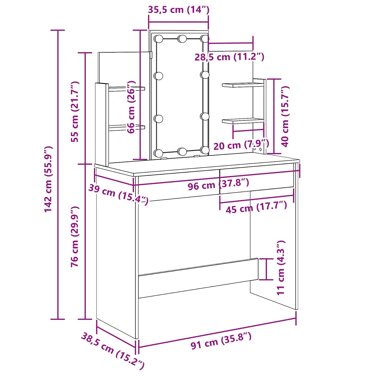 Schminktisch mit Regal Schwarz Eichen-Optik 96 x 39 x 142 cm