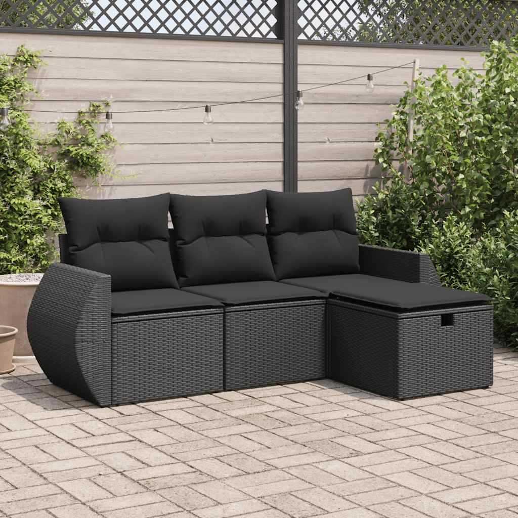 4-tlg. Garten-Sofagarnitur mit Kissen Schwarz Poly Rattan