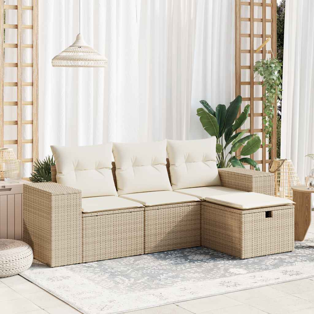 4-tlg. Garten-Sofagarnitur mit Kissen Beige Poly Rattan