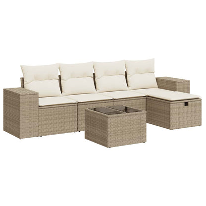6-tlg. Garten-Sofagarnitur mit Kissen Beige Poly Rattan