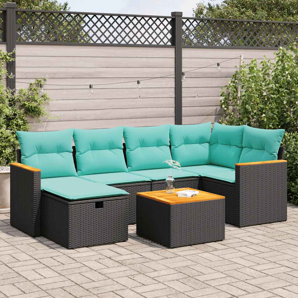 7-tlg. Garten-Sofagarnitur mit Kissen Schwarz Poly Rattan