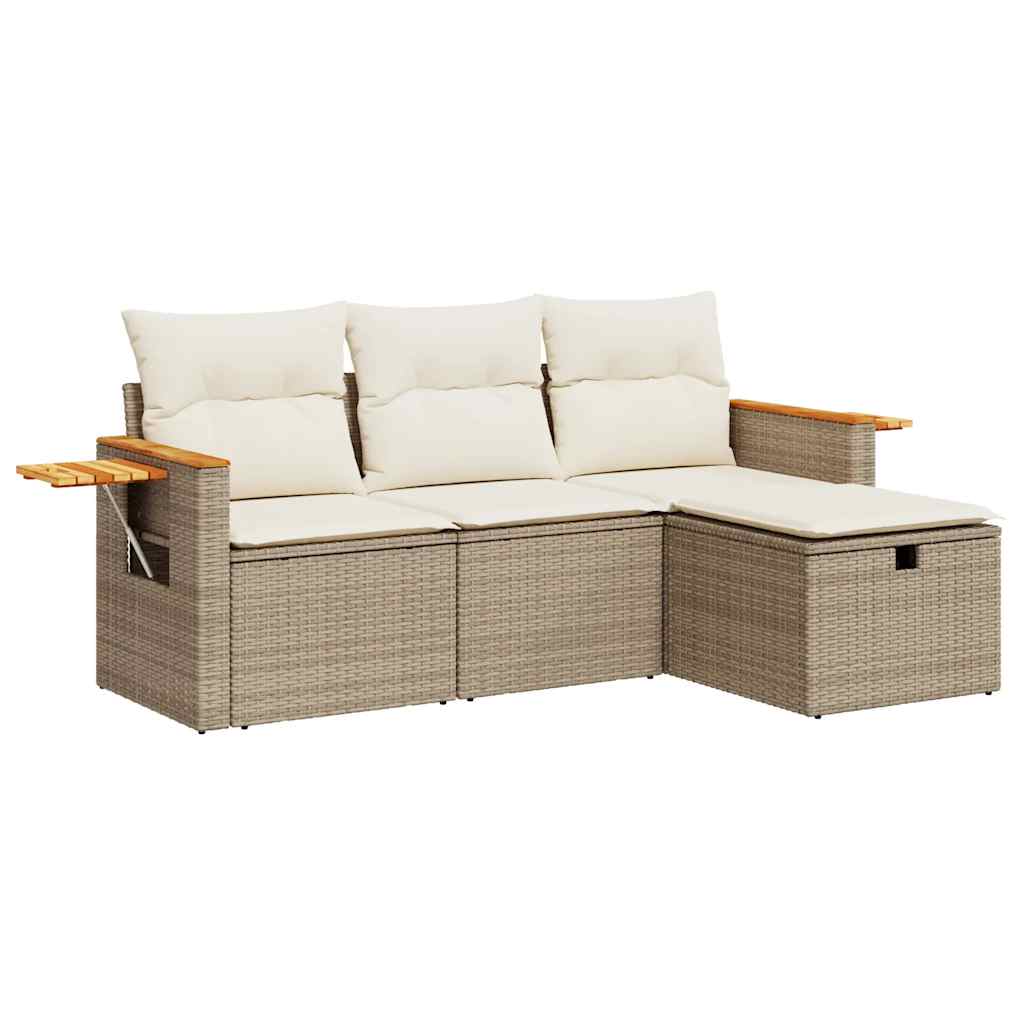 4-tlg. Garten-Sofagarnitur mit Kissen Beige Poly Rattan
