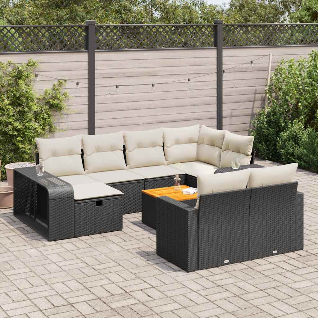 11-tlg. Garten-Sofagarnitur mit Kissen Schwarz Poly Rattan