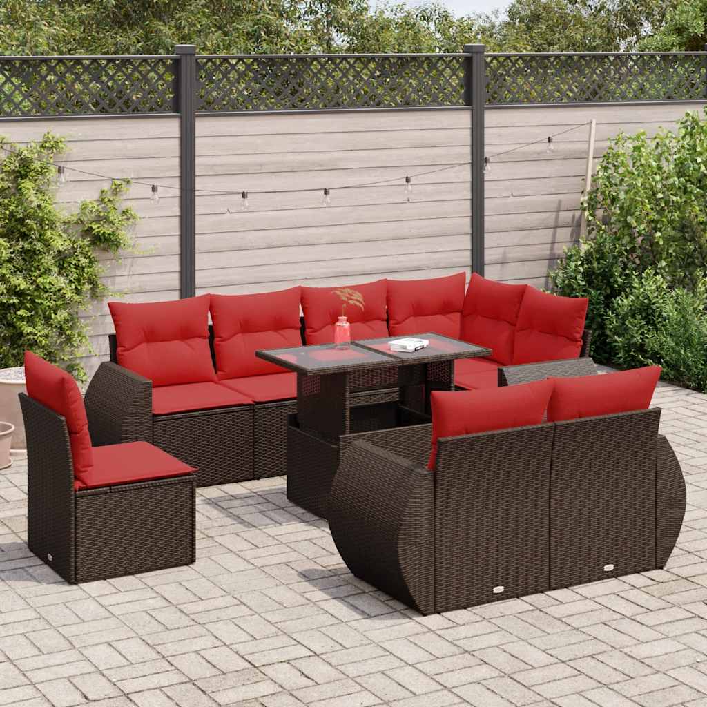 9-tlg. Garten-Sofagarnitur mit Kissen Braun Poly Rattan Akazie