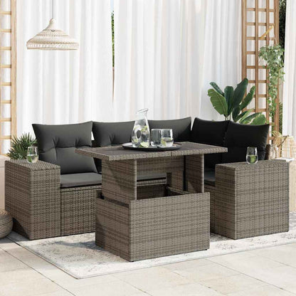 5-tlg. Garten-Sofagarnitur mit Kissen Grau Poly Rattan