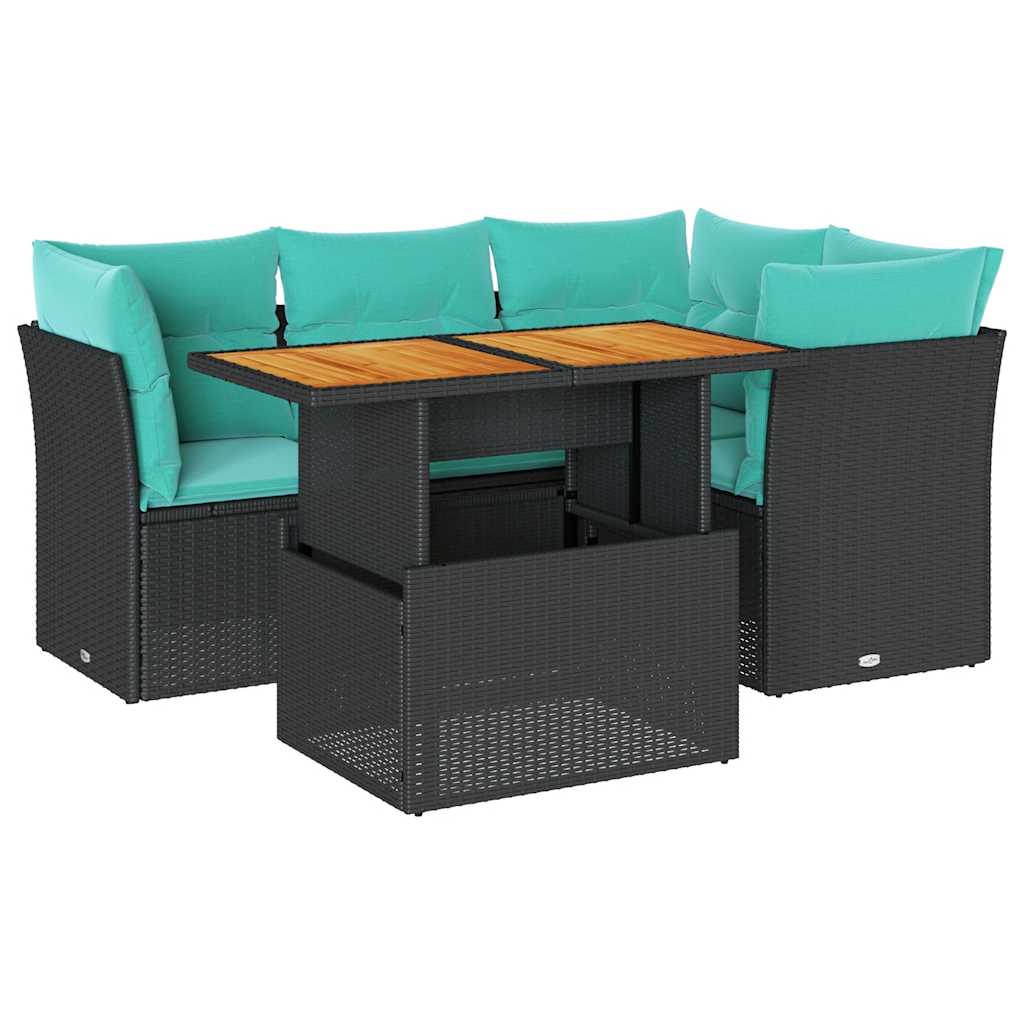 5-tlg. Garten-Sofagarnitur mit Kissen Schwarz Poly Rattan