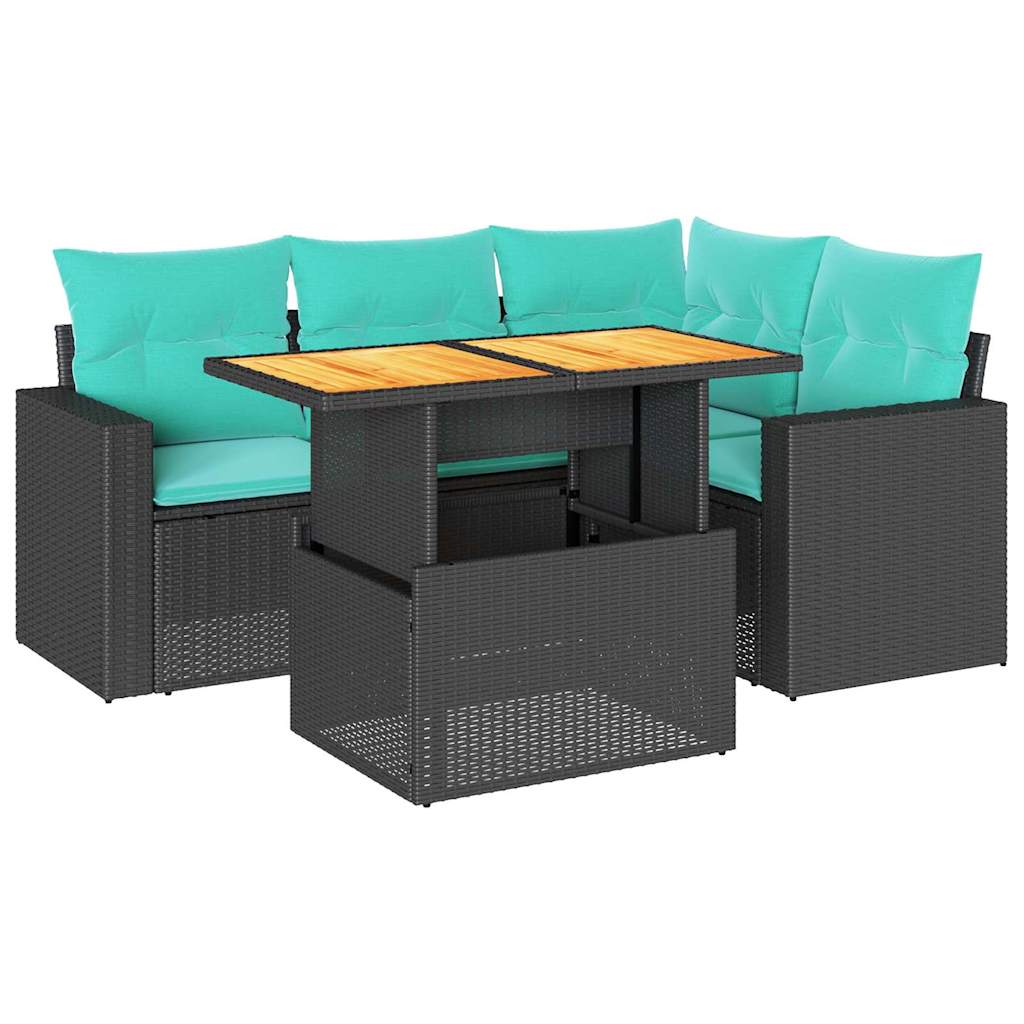 5-tlg. Garten-Sofagarnitur mit Kissen Schwarz Poly Rattan