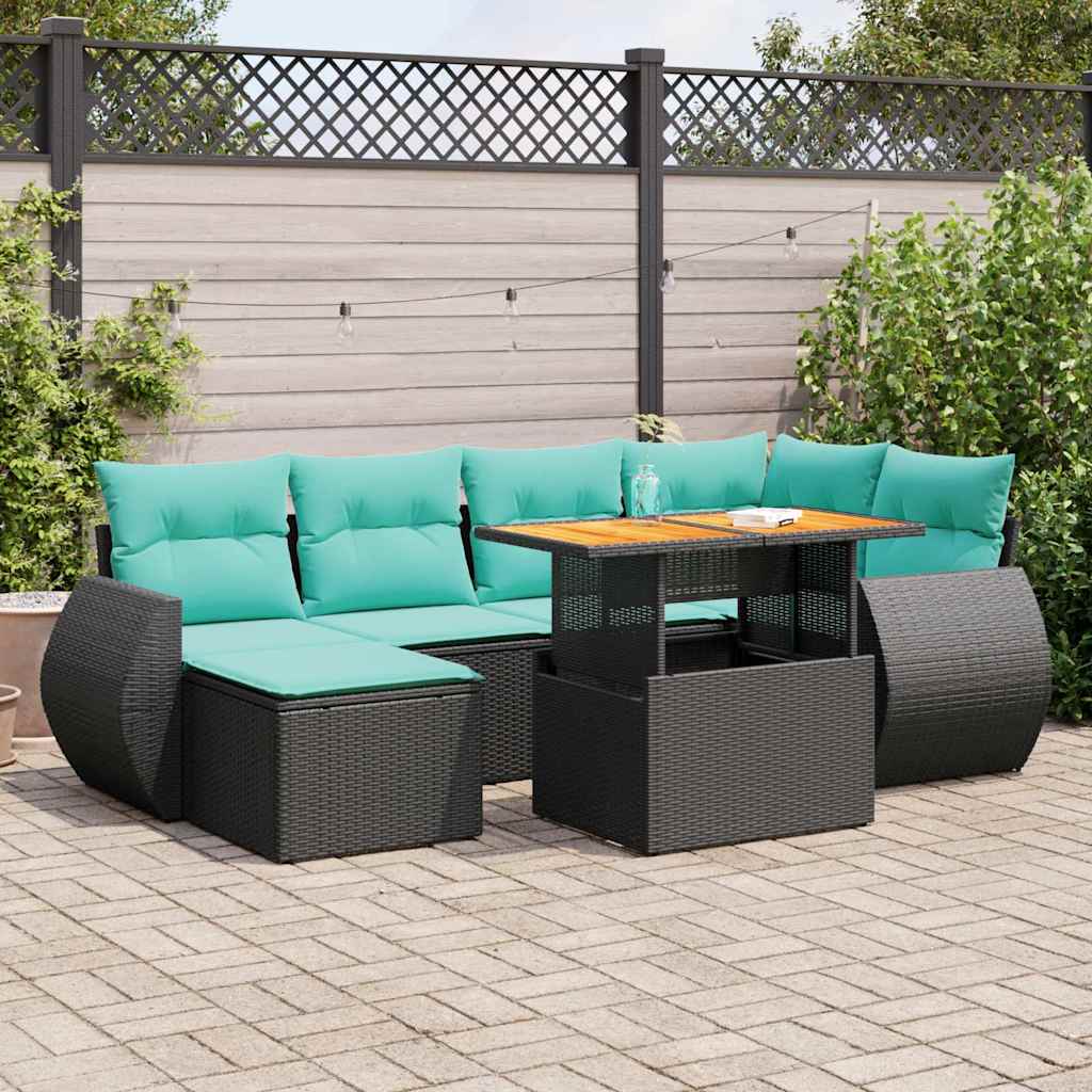 7-tlg. Garten-Sofagarnitur mit Kissen Schwarz Poly Rattan