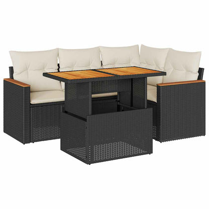 5tlg. Garten-Sofagarnitur mit Kissen Schwarz Poly Rattan Akazie