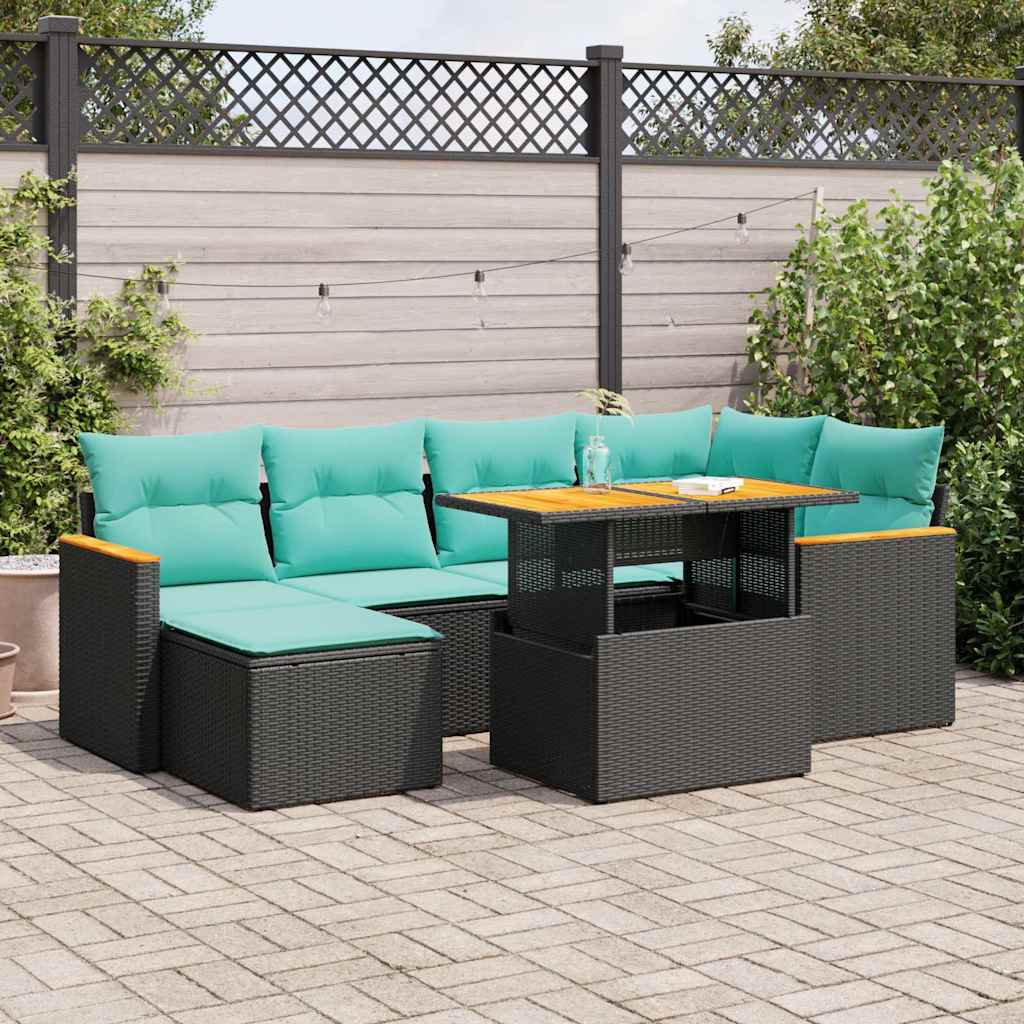 7-tlg. Garten-Sofagarnitur mit Kissen Schwarz Poly Rattan