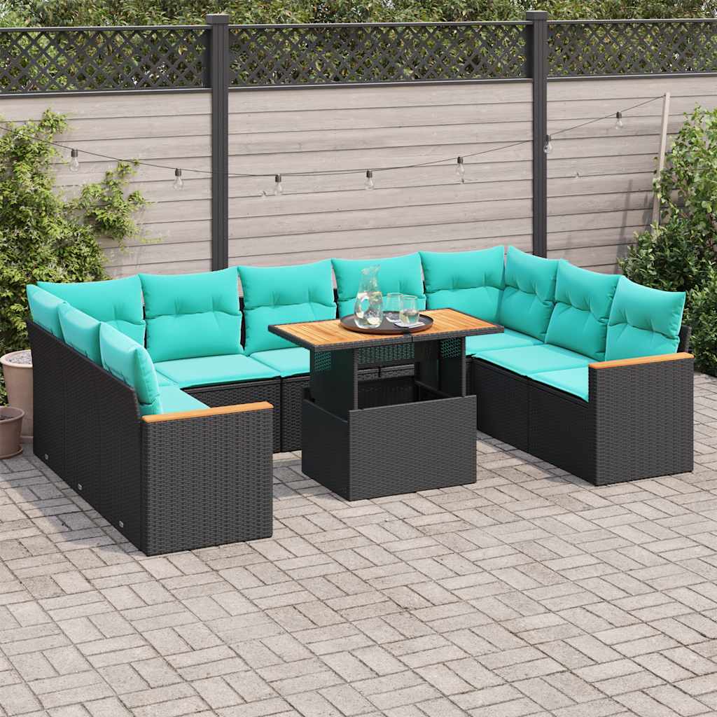 10-tlg. Garten-Sofagarnitur mit Kissen Schwarz Poly Rattan
