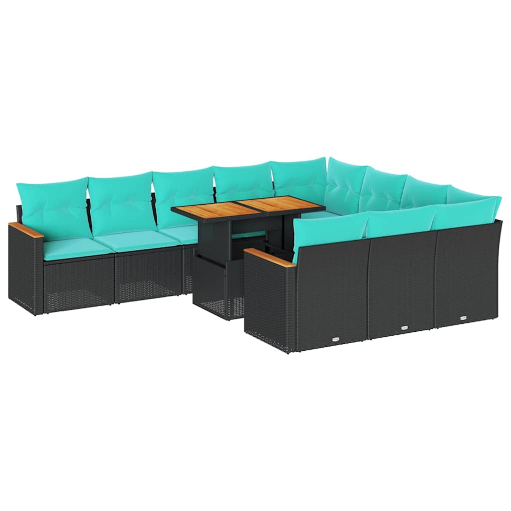 11-tlg. Garten-Sofagarnitur mit Kissen Schwarz Poly Rattan