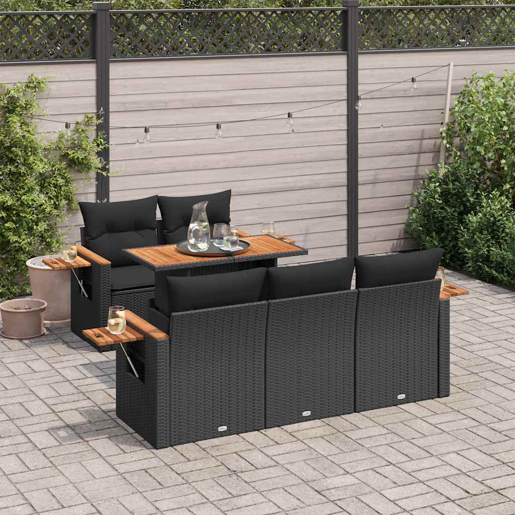 6-tlg. Garten-Sofagarnitur mit Kissen Schwarz Poly Rattan