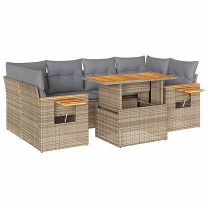 7-tlg. Garten-Sofagarnitur mit Kissen Beige Poly Rattan Akazie